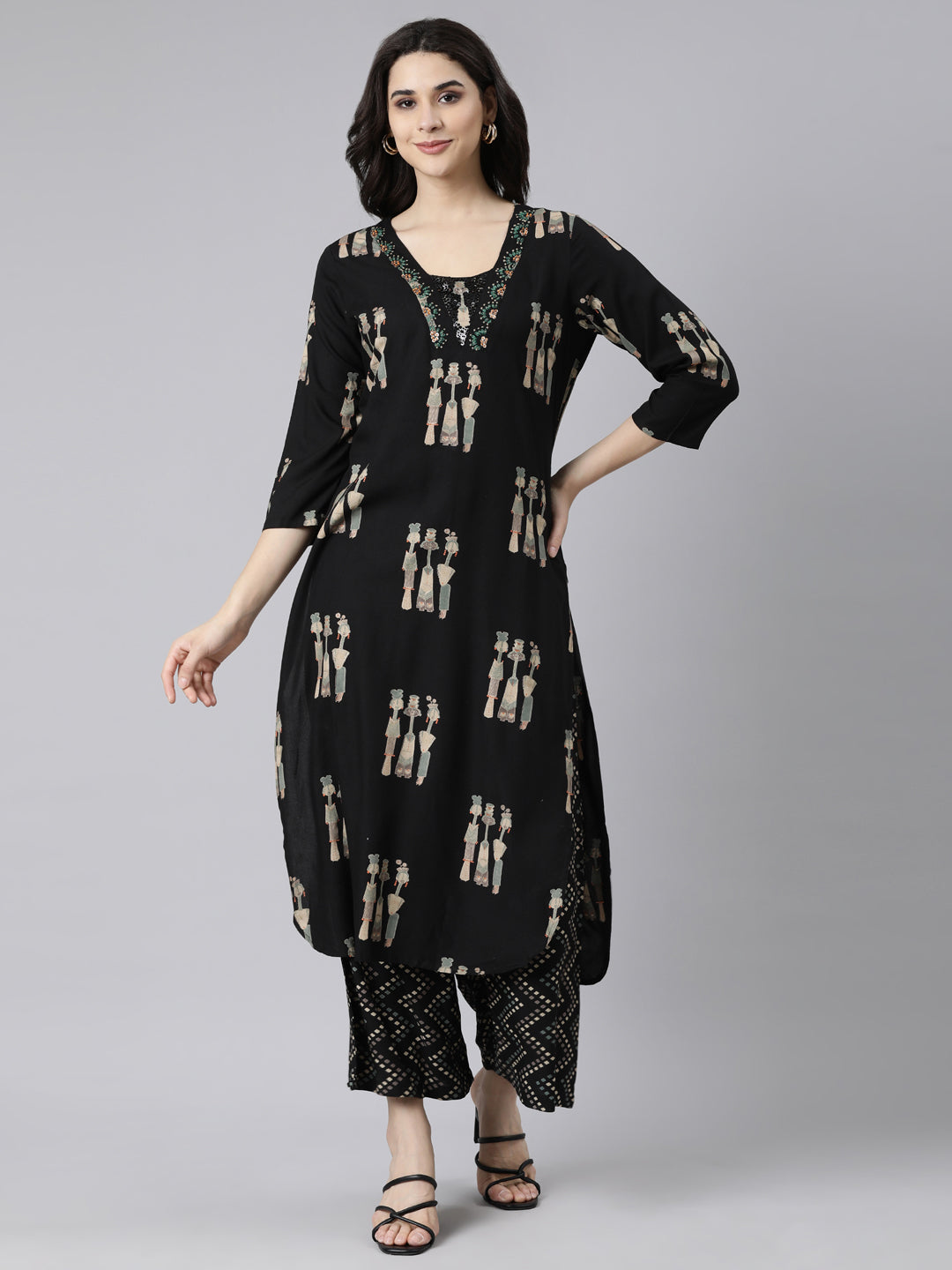Neerus Black quirky printed straight suit set - front view