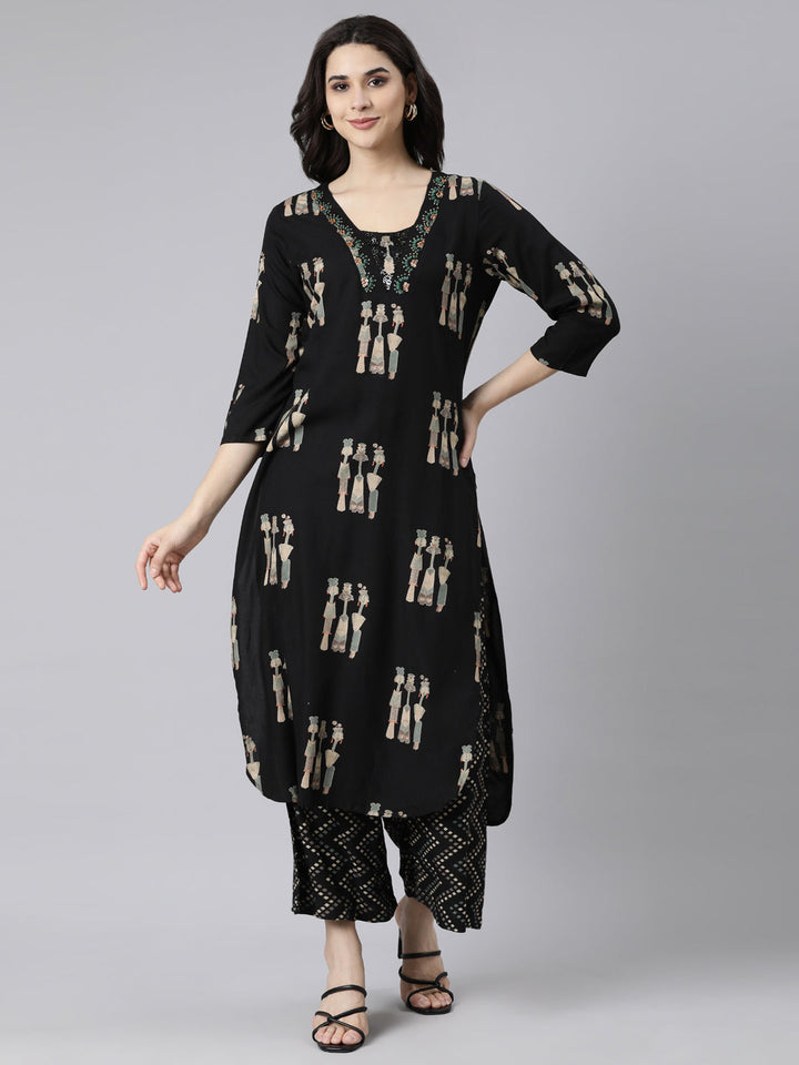 Neerus Black quirky printed straight suit set - front view