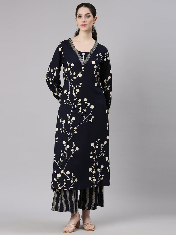 Neerus Blue Rayon Printed Kurta Set - front view