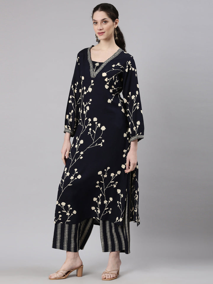 Neerus Blue Rayon Printed Kurta Set - back view