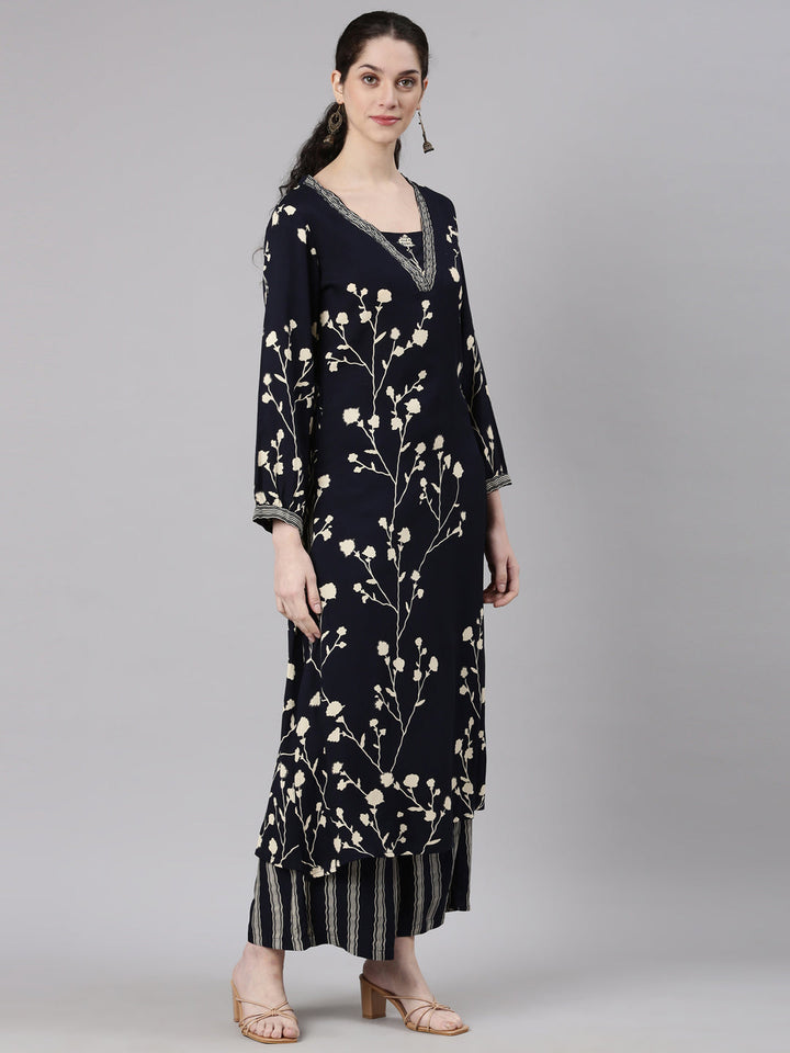 Neerus Blue Rayon Printed Kurta Set - side view