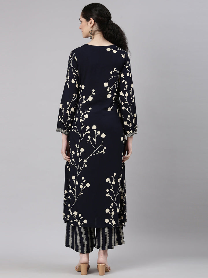 Neerus Blue Rayon Printed Kurta Set - detail view 1