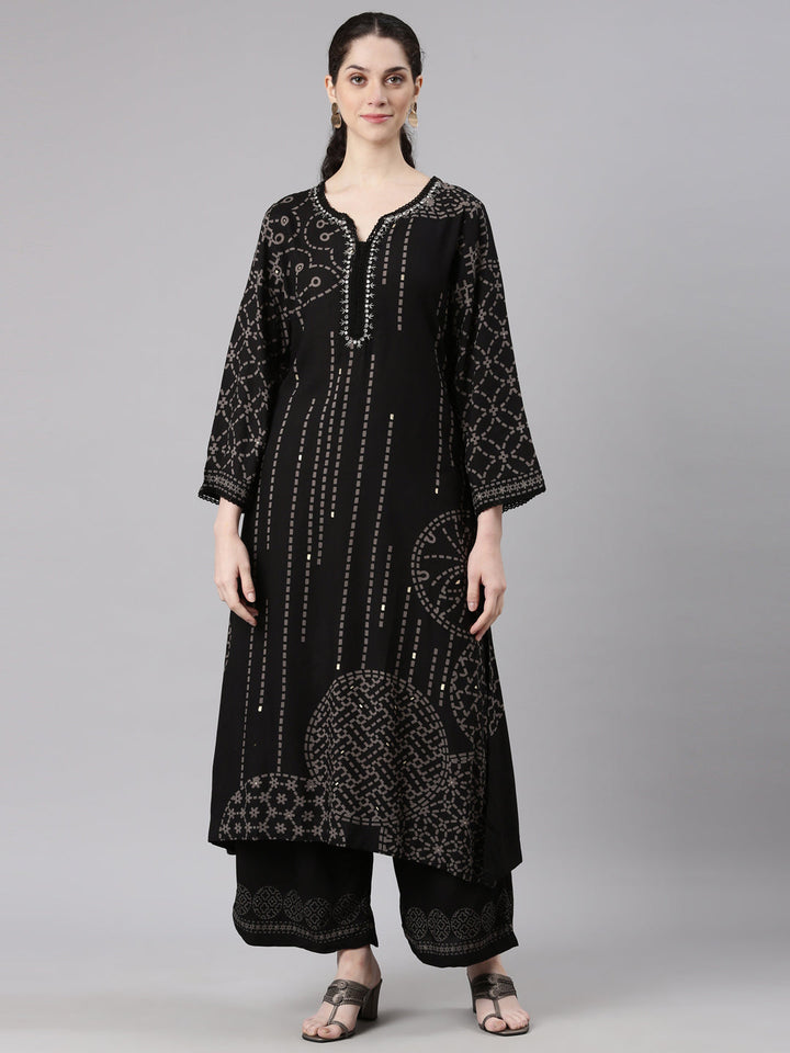 Neerus Black rayon straight kurta set - front view