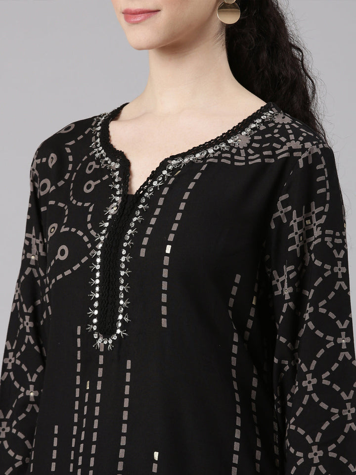 Neerus Black rayon straight kurta set - detail view 2