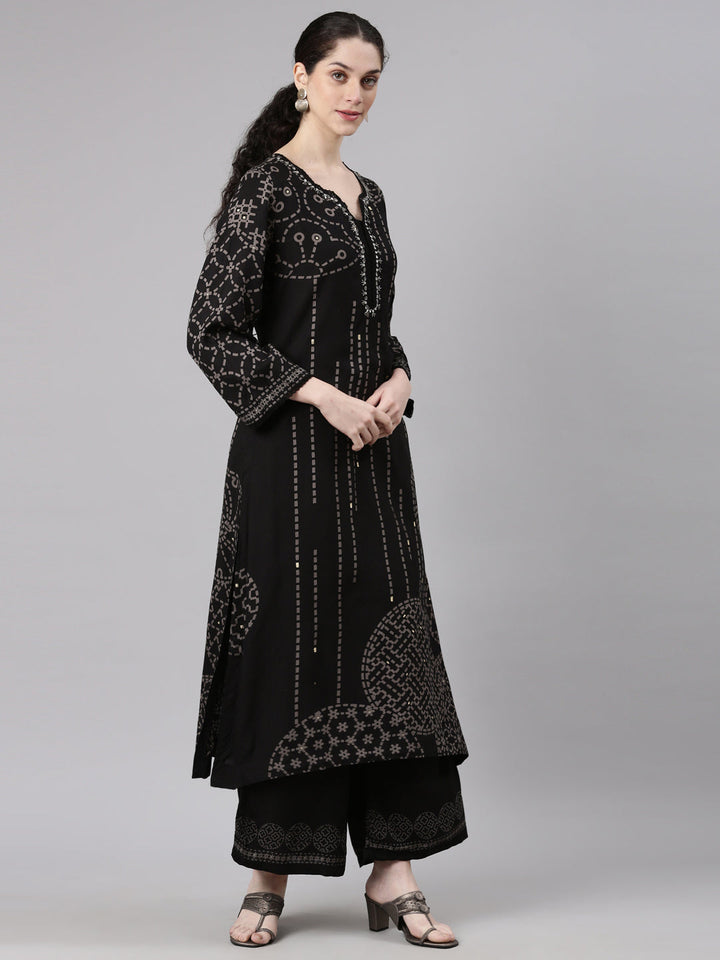 Neerus Black rayon straight kurta set - side view