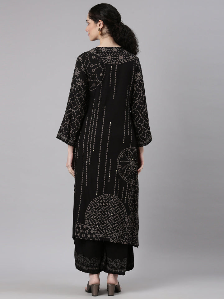 Neerus Black rayon straight kurta set - detail view 1