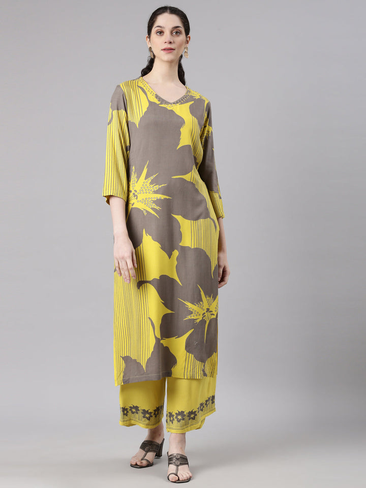 Neerus Yellow rayon printed kurta set with palazzo - front view