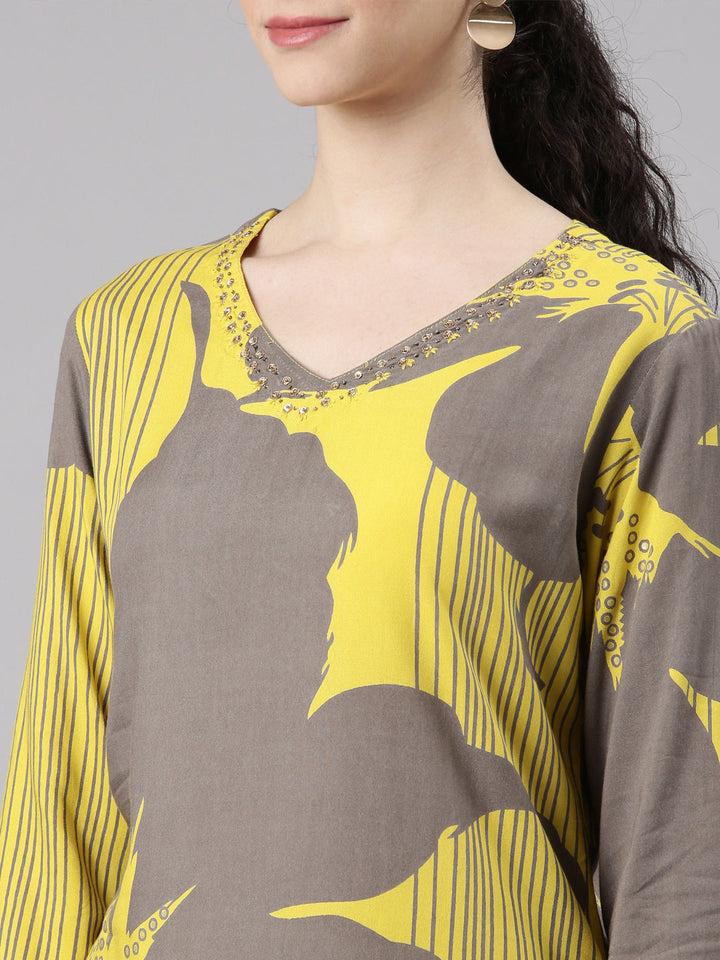 Neerus Yellow rayon printed kurta set with palazzo - detail view 2
