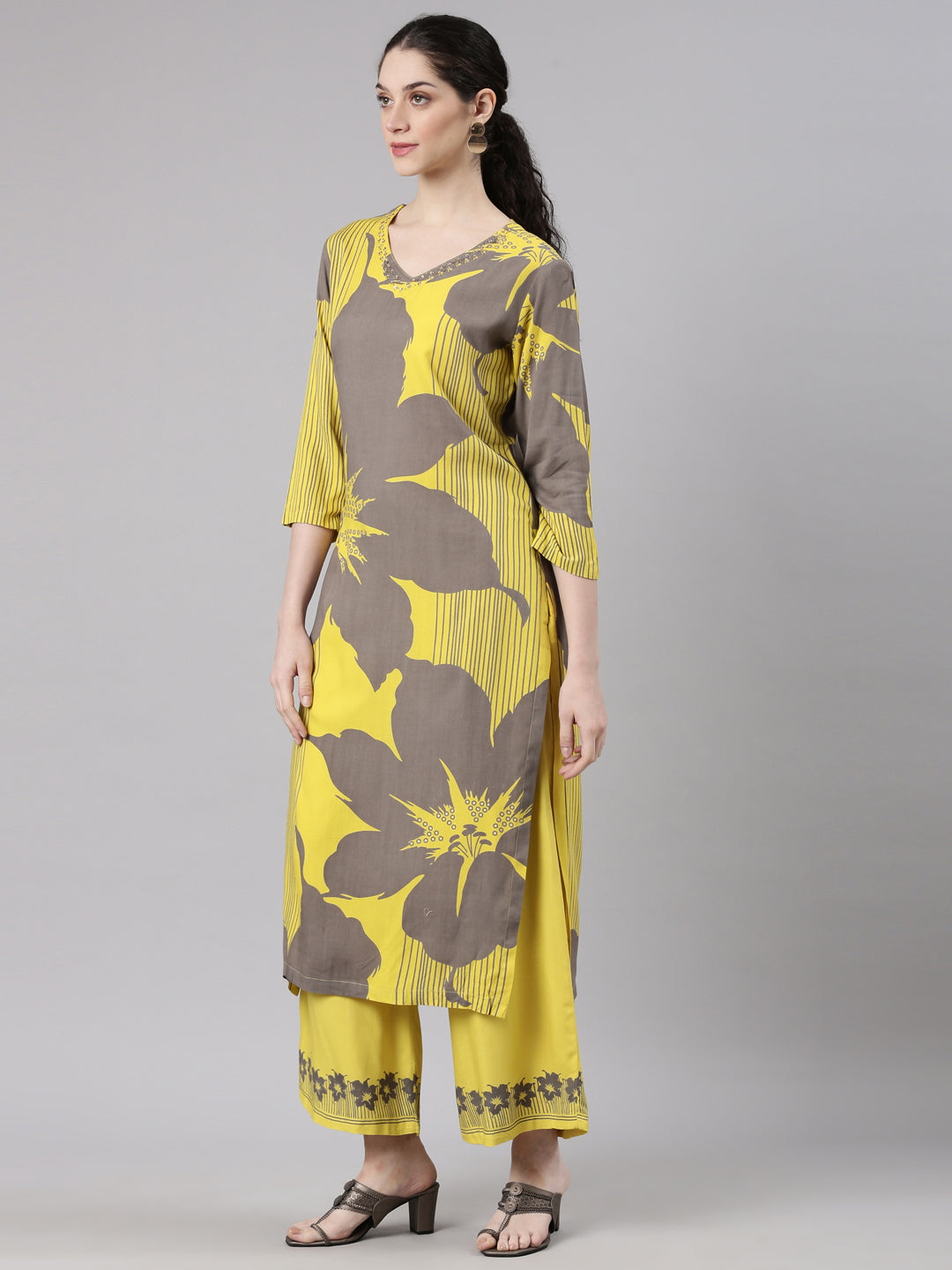 Neerus Yellow rayon printed kurta set with palazzo - back view