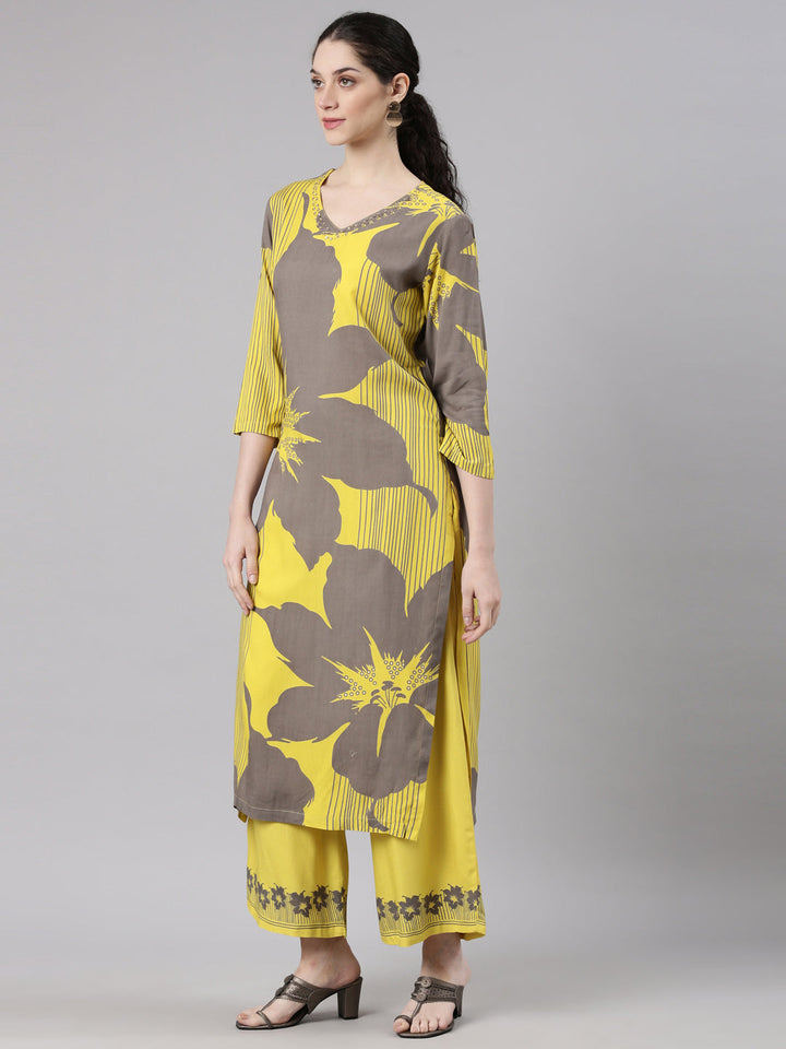 Neerus Yellow rayon printed kurta set with palazzo - back view