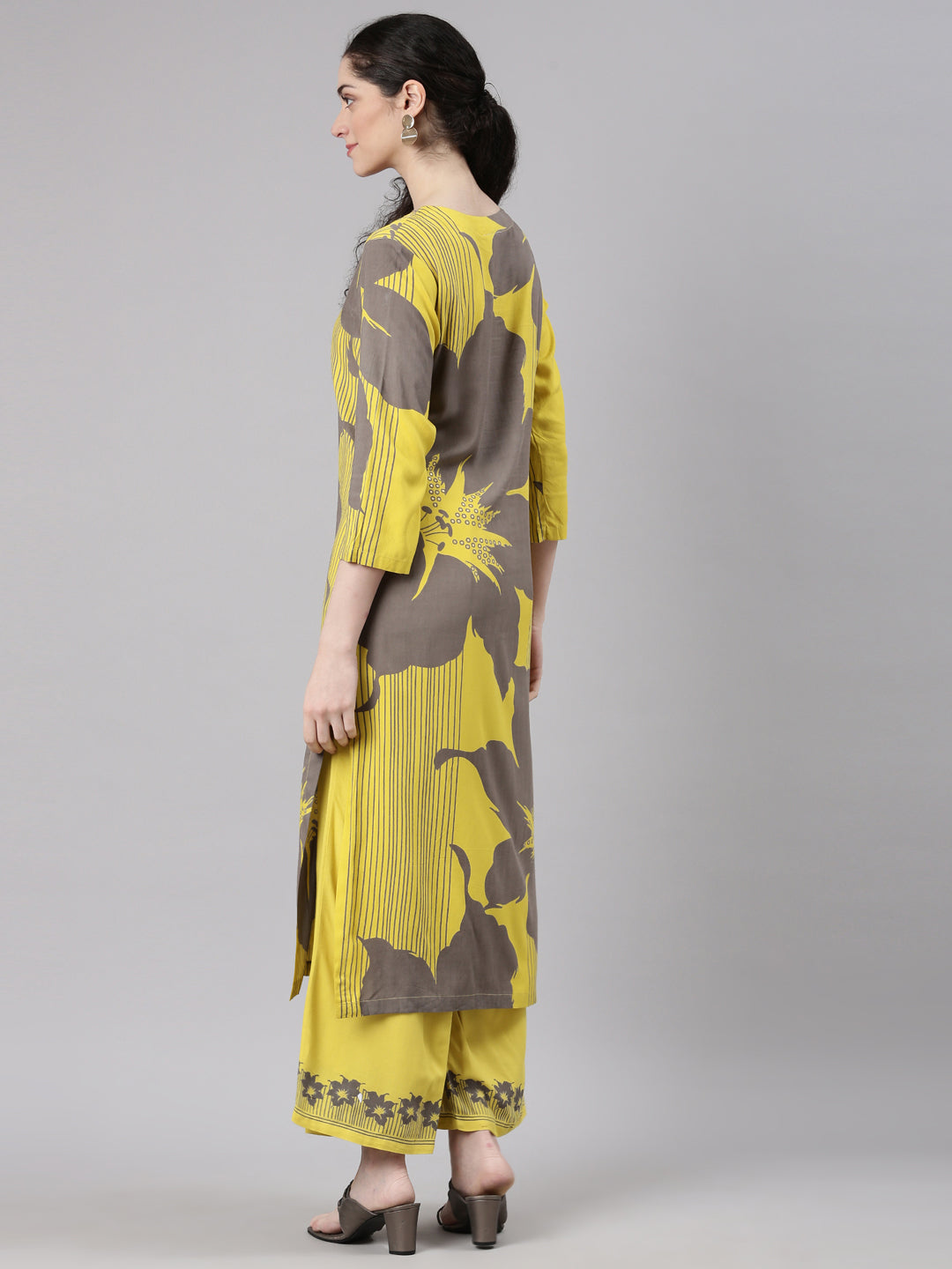 Neerus Yellow rayon printed kurta set with palazzo - detail view 1