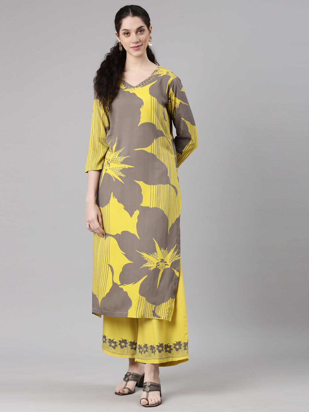 Neerus Yellow rayon printed kurta set with palazzo - detail view 3