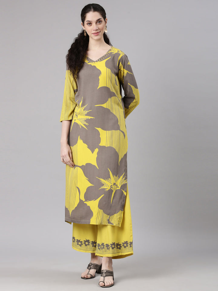 Neerus Yellow rayon printed kurta set with palazzo - detail view 3