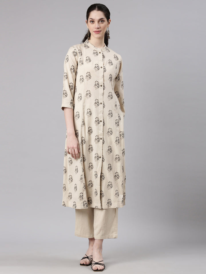 Neerus Beige printed floral kurta set straight silhouette - front view
