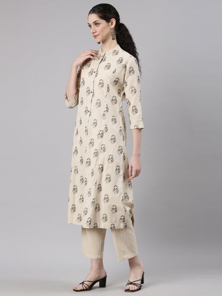 Neerus Beige printed floral kurta set straight silhouette - back view