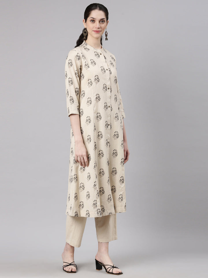 Neerus Beige printed floral kurta set straight silhouette - side view