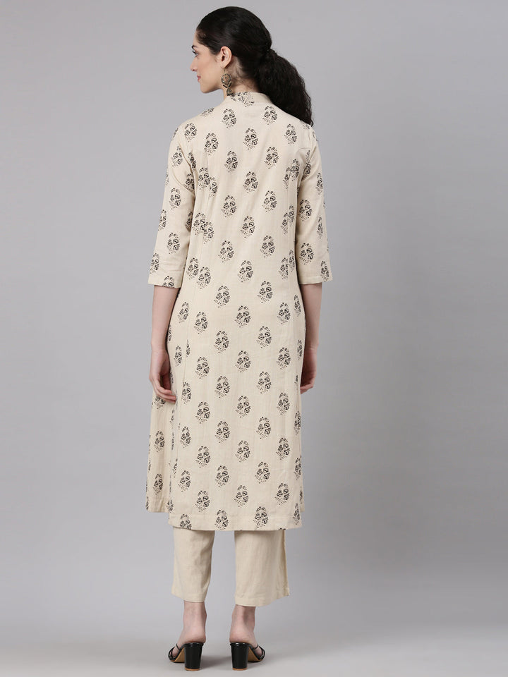Neerus Beige printed floral kurta set straight silhouette - detail view 1