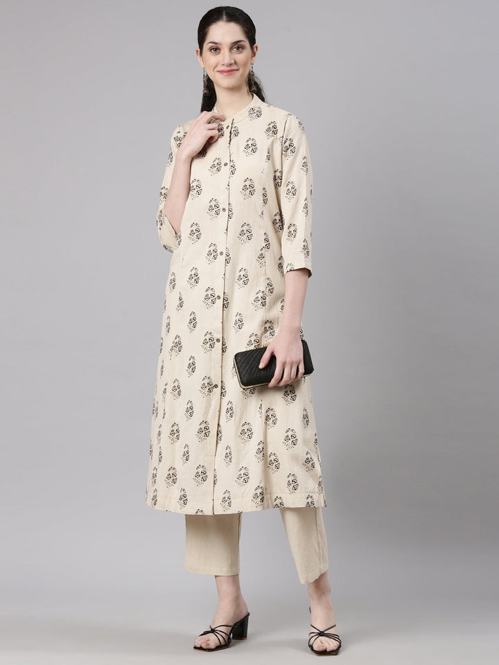 Neerus Beige printed floral kurta set straight silhouette - detail view 3