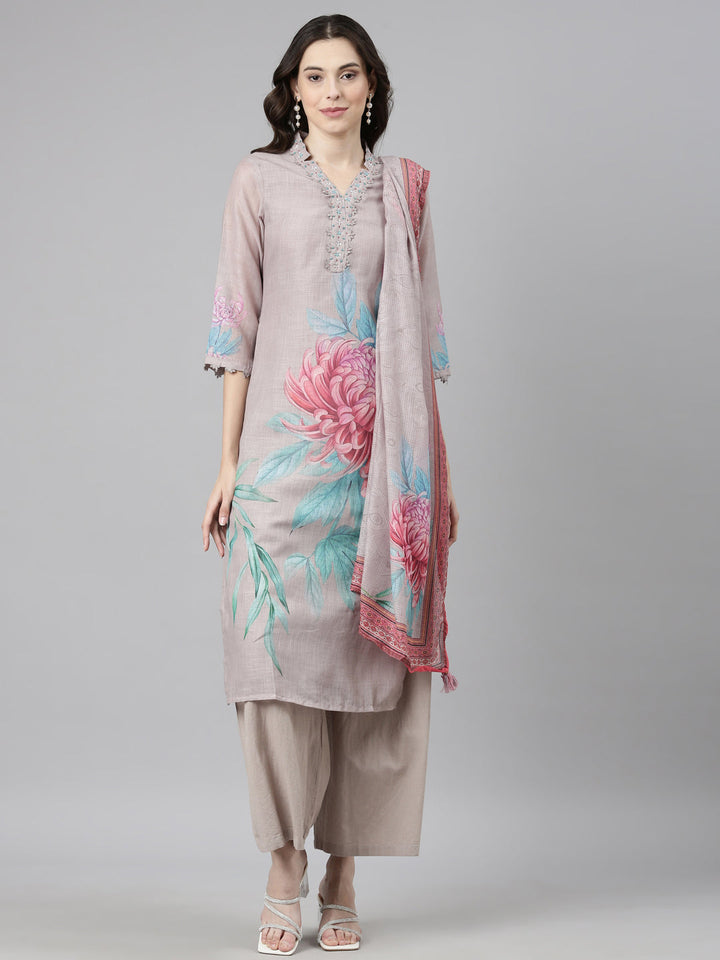 Neerus Grey slub cotton printed suit set - front view