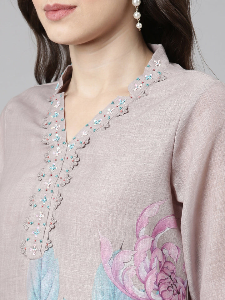 Neerus Grey slub cotton printed suit set - detail view 2