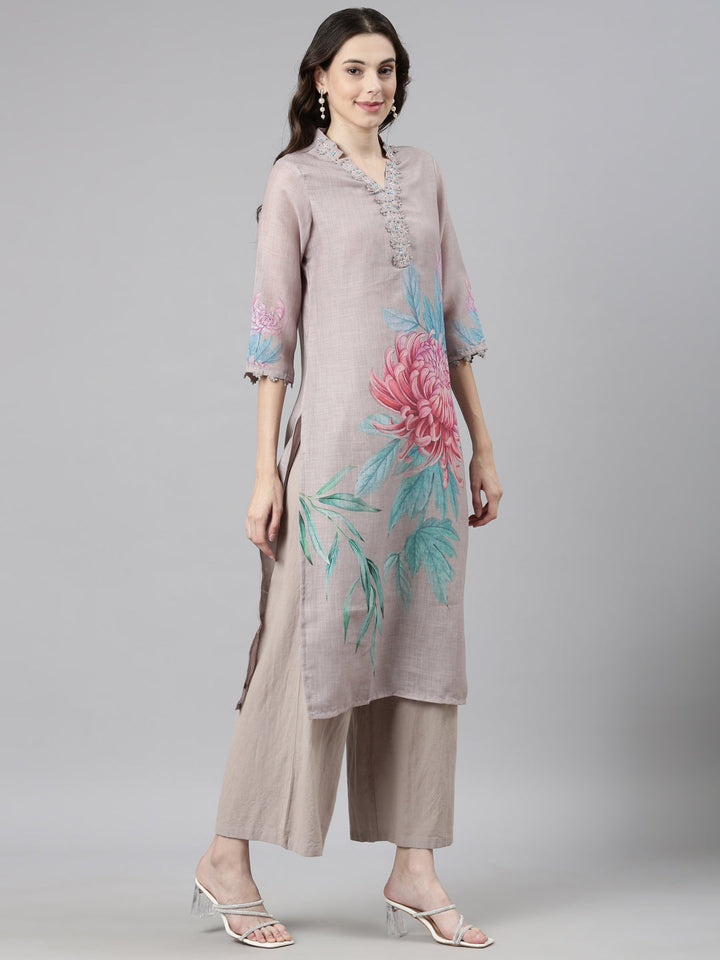 Neerus Grey slub cotton printed suit set - side view