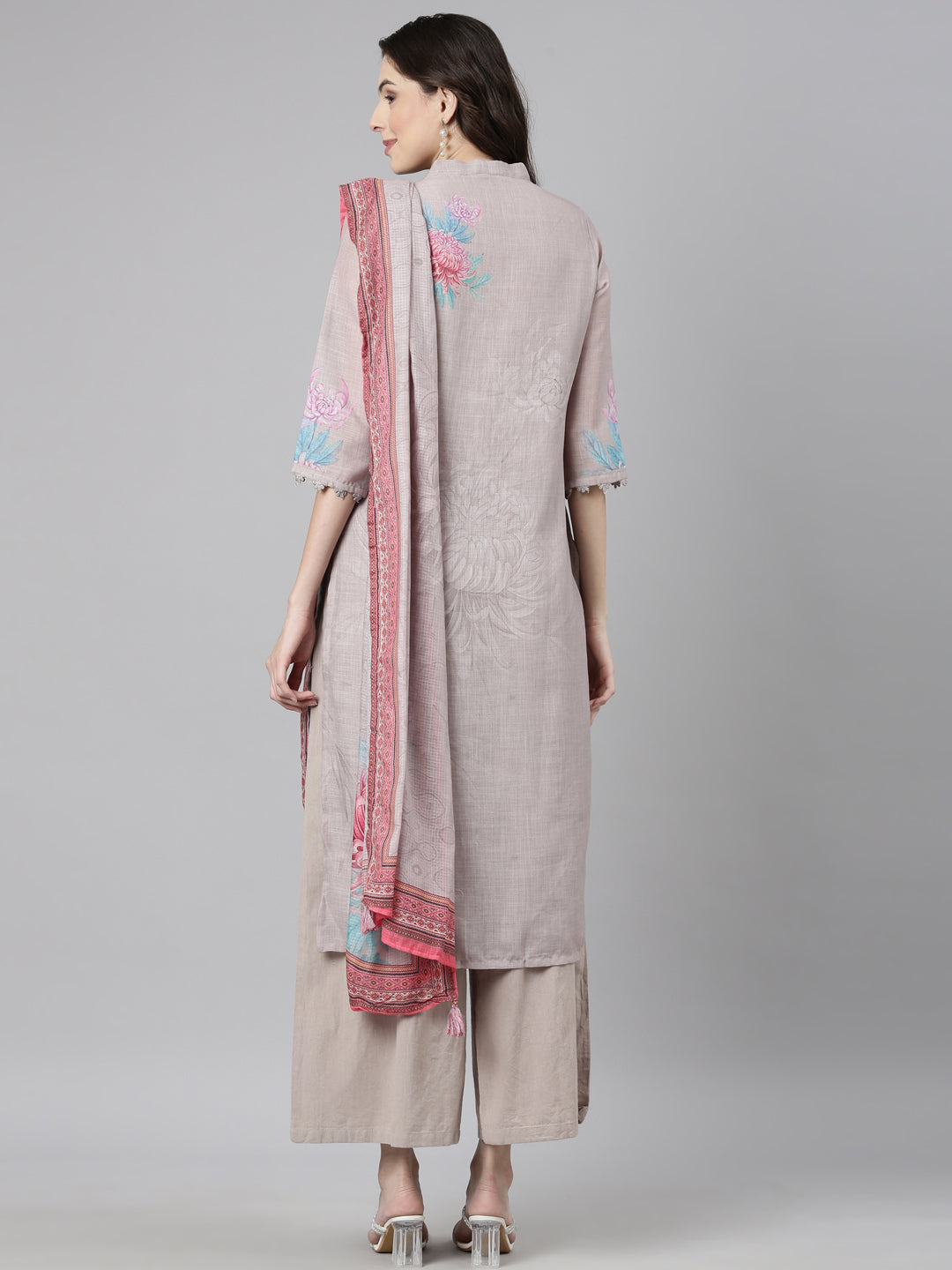 Neerus Grey slub cotton printed suit set - detail view 1