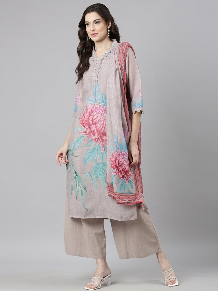 Neerus Grey slub cotton printed suit set - detail view 3
