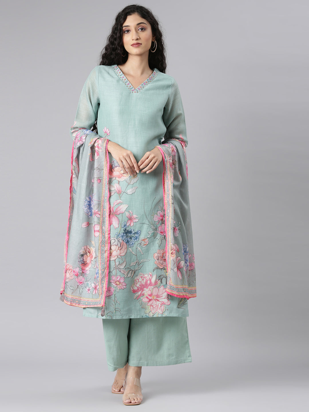 Neerus Green linen printed suit set - front view