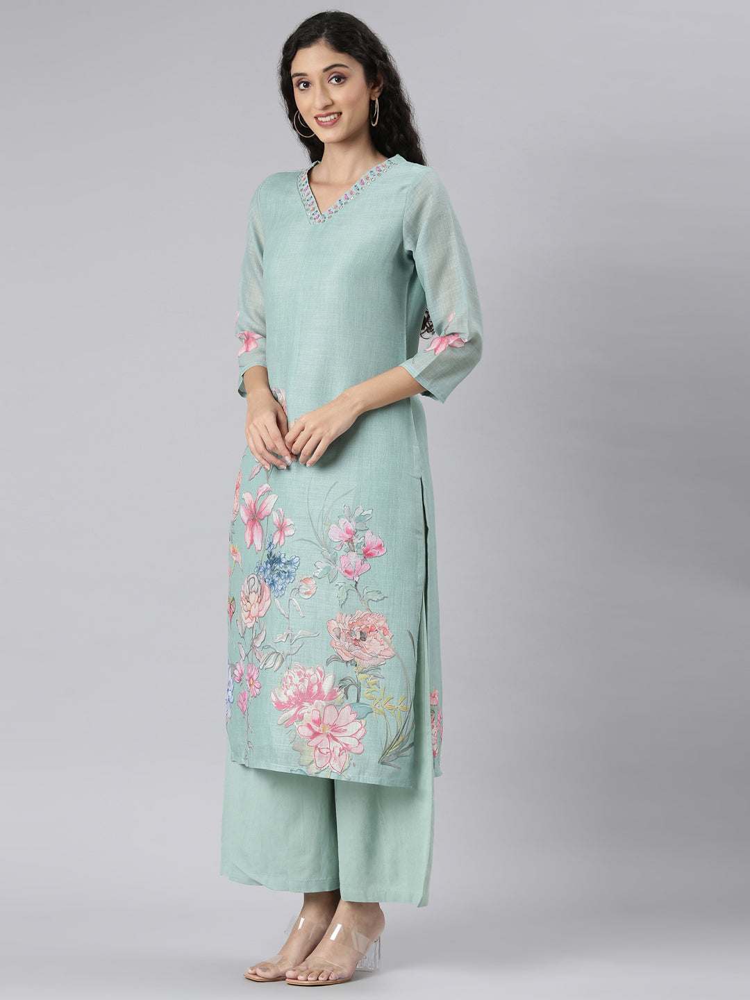 Neerus Green linen printed suit set - side view