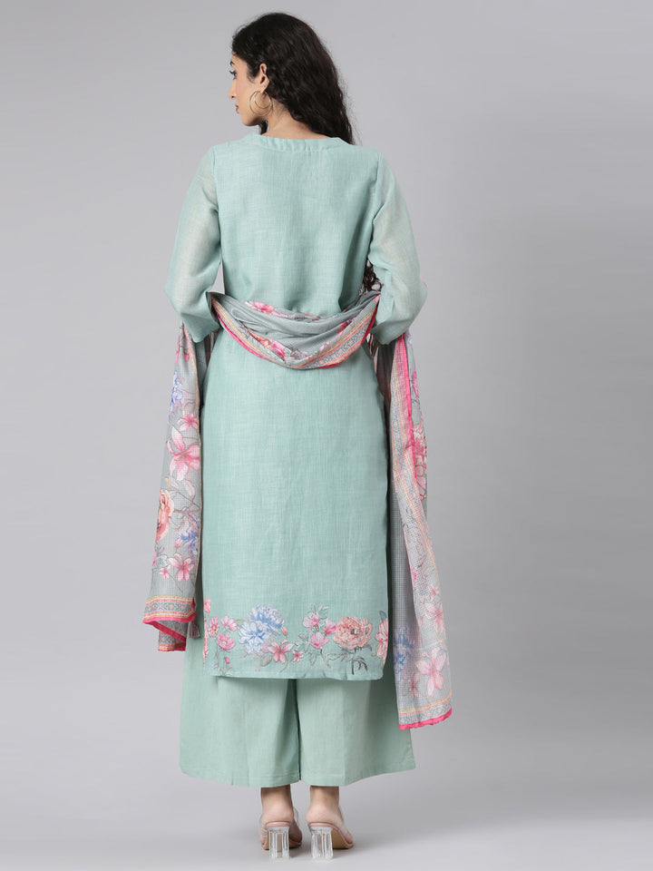 Neerus Green linen printed suit set - detail view 2