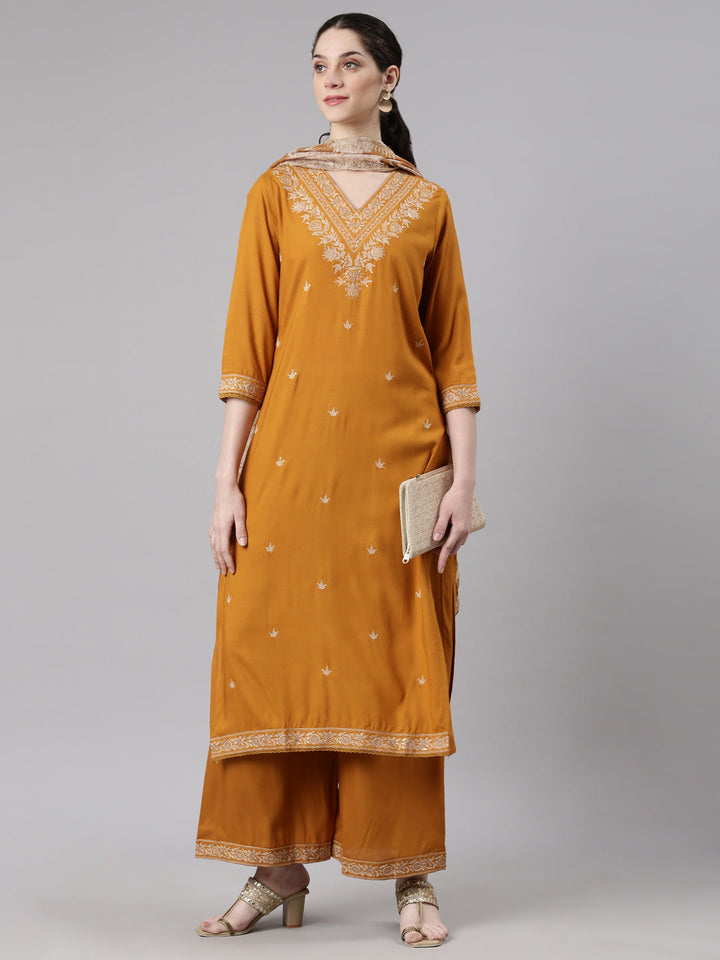 Neerus Gold Straight Casual Solid Kurta and Plazzo with Dupatta
