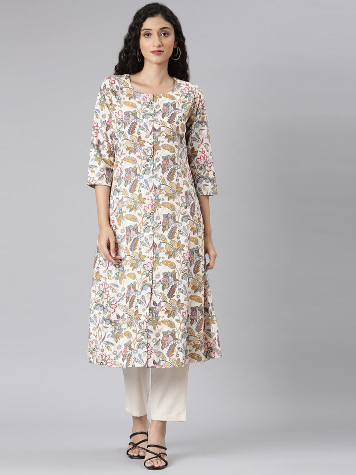 Neerus Multi printed floral kurta set with trouser - front view