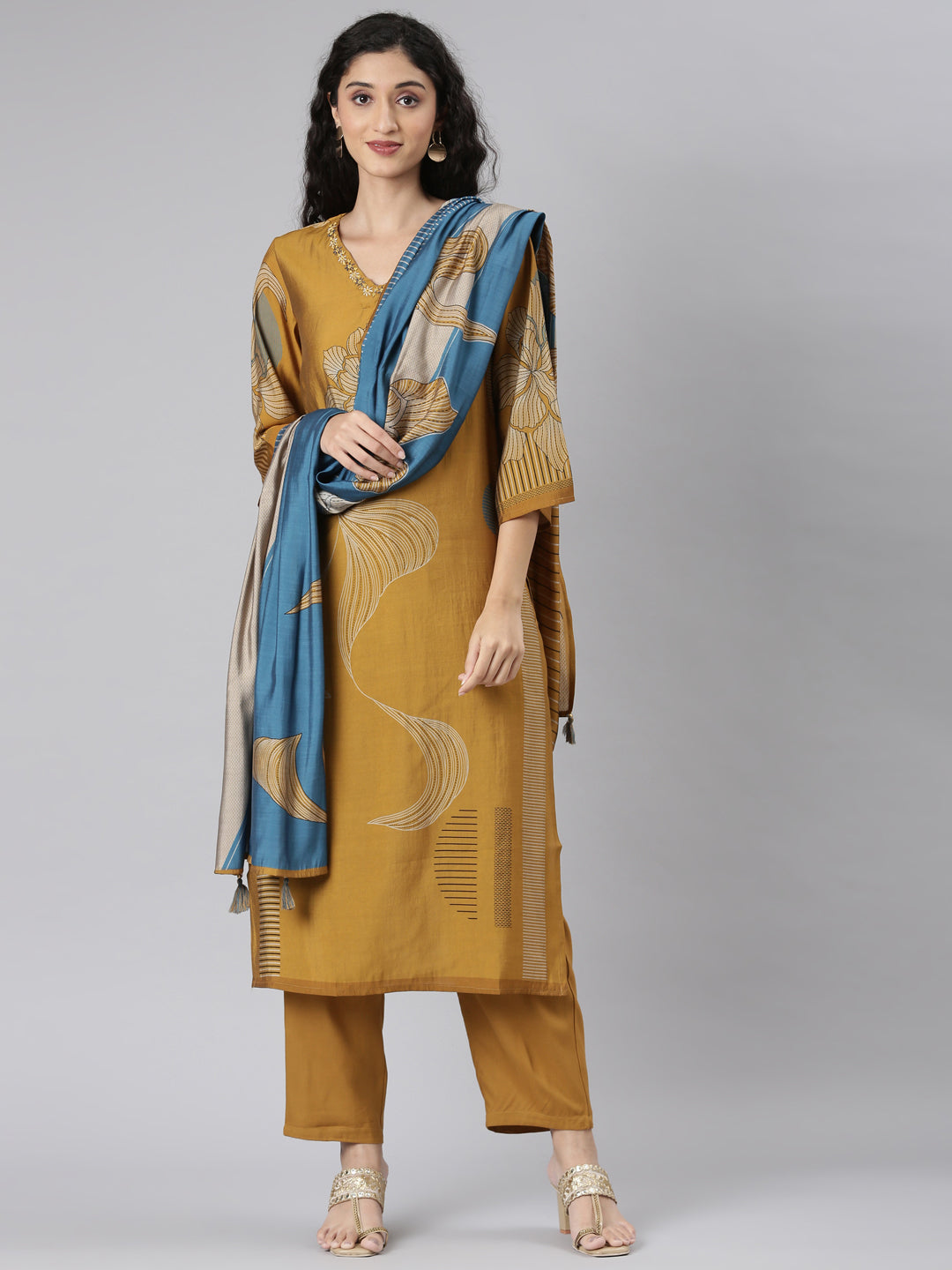 Neerus Gold printed floral suit set straight kurta with trouser and dupatta - front view