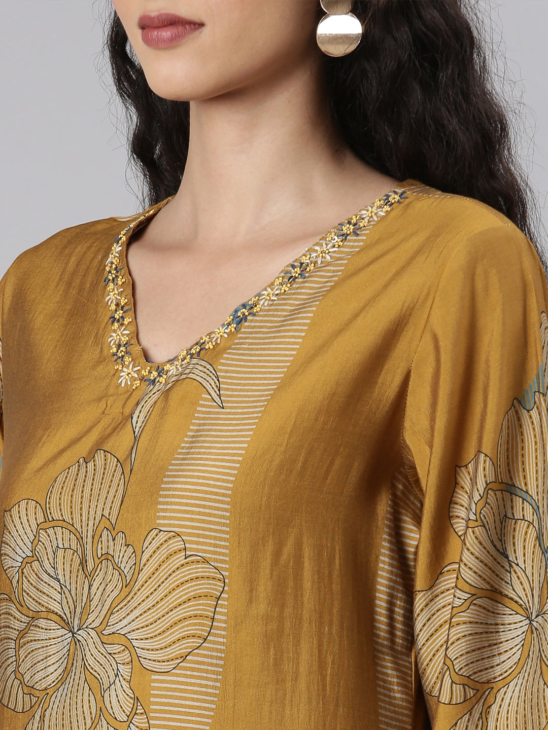 Neerus Gold printed floral suit set straight kurta with trouser and dupatta - detail view 2