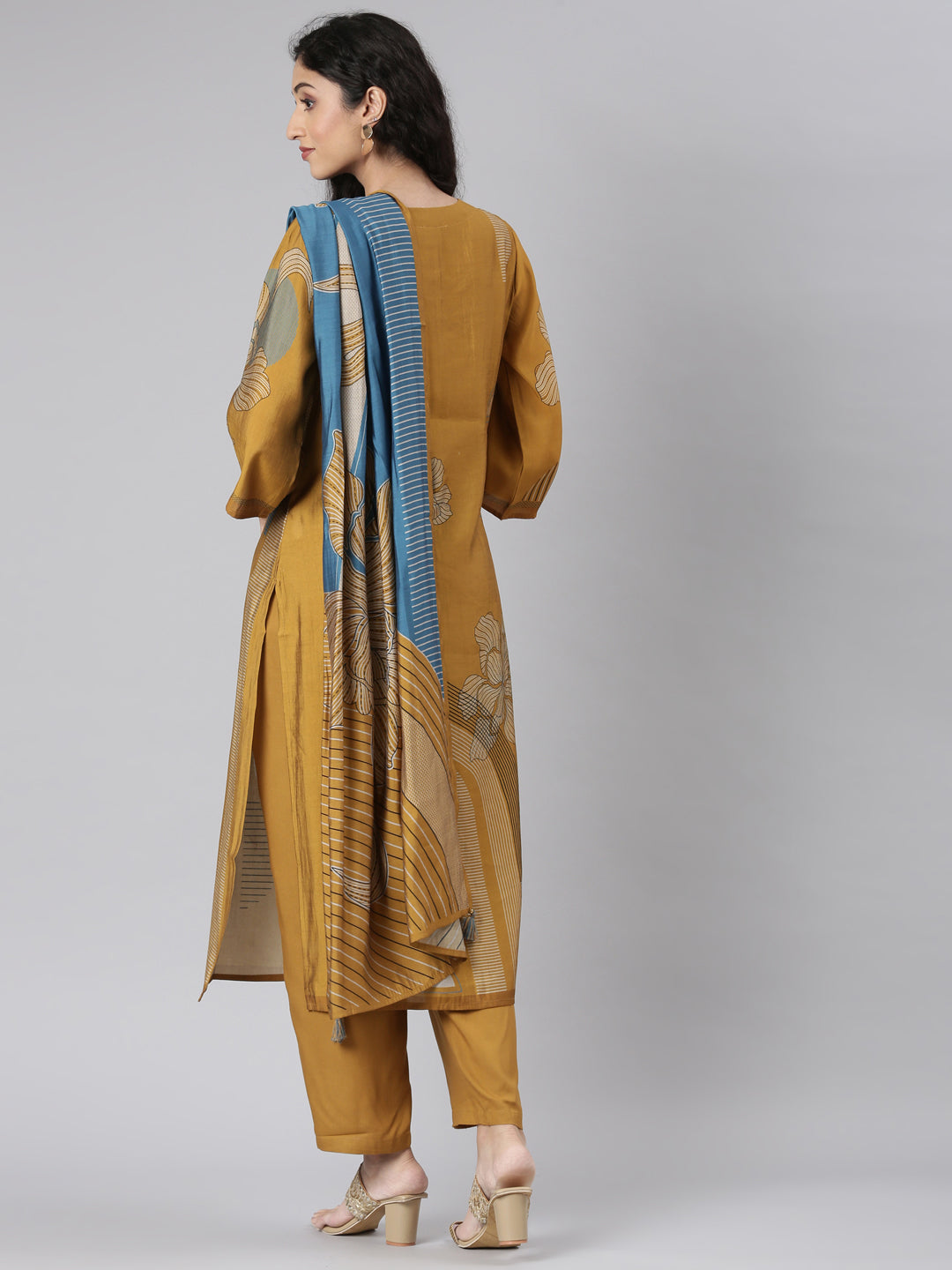 Neerus Gold printed floral suit set straight kurta with trouser and dupatta - detail view 1