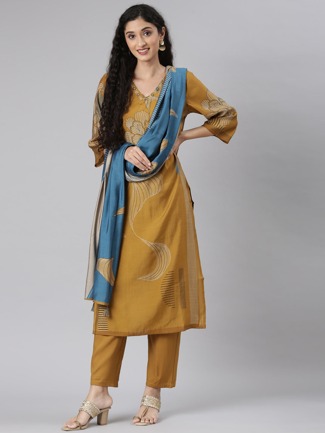 Neerus Gold printed floral suit set straight kurta with trouser and dupatta - detail view 3
