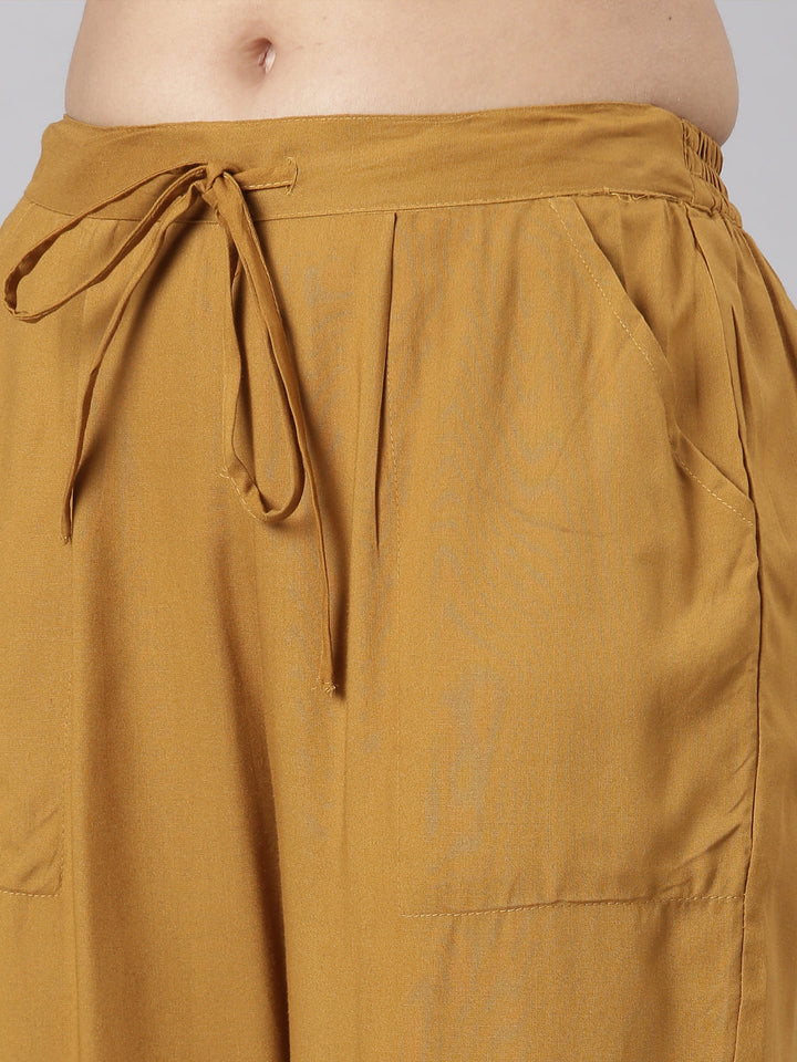 Neerus Gold printed floral suit set straight kurta with trouser and dupatta - detail view 4