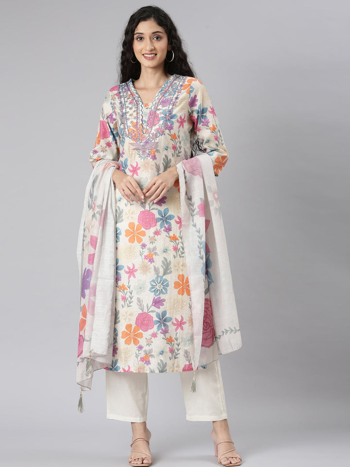 Neerus Multi Chanderi printed floral suit set - front view
