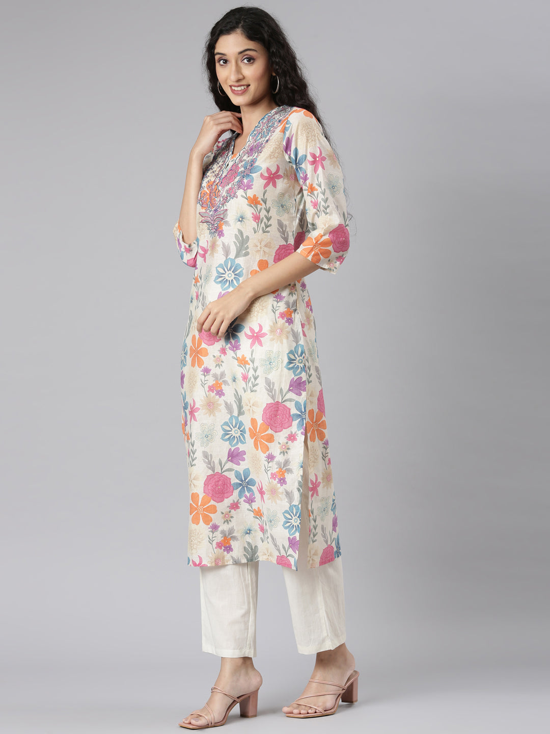 Neerus Multi Chanderi printed floral suit set - back view
