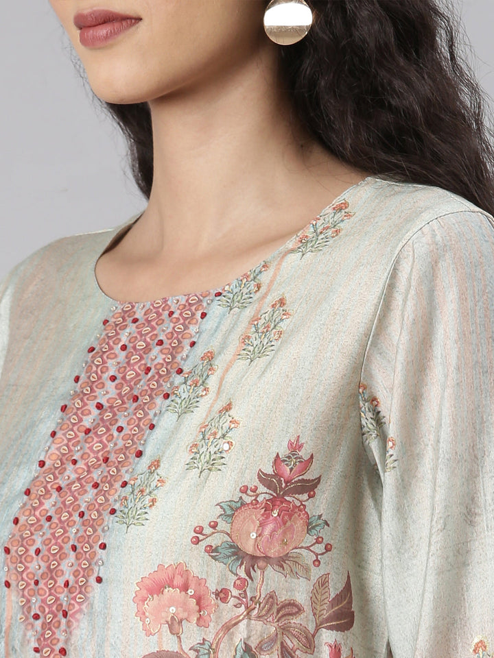 Neerus Blue Straight Casual Floral Kurta and Trouser with Dupatta