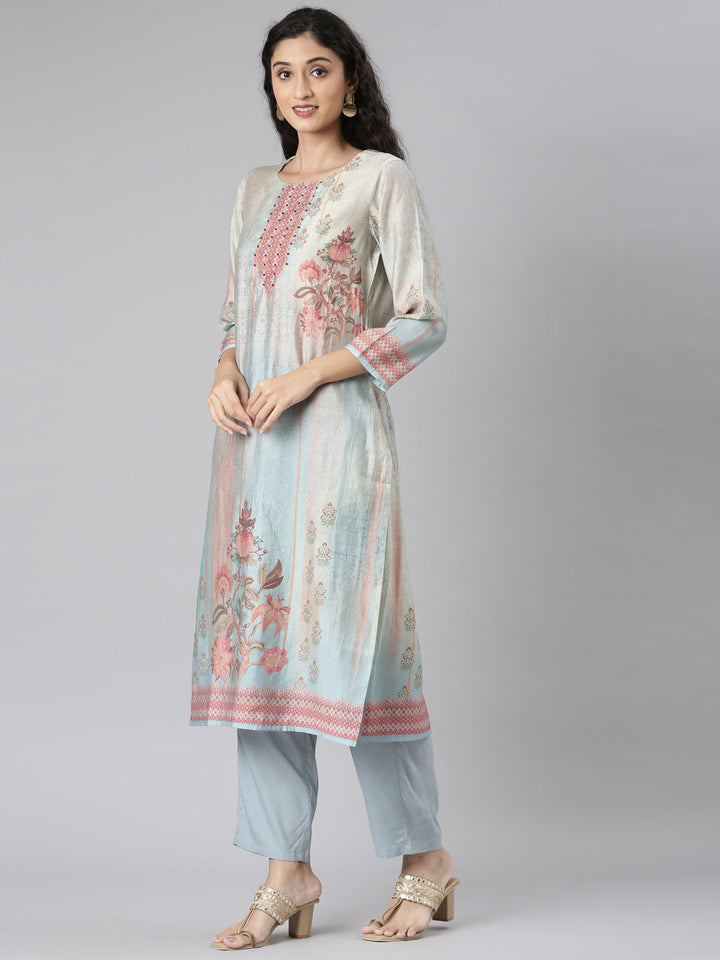 Neerus Blue Straight Casual Floral Kurta and Trouser with Dupatta