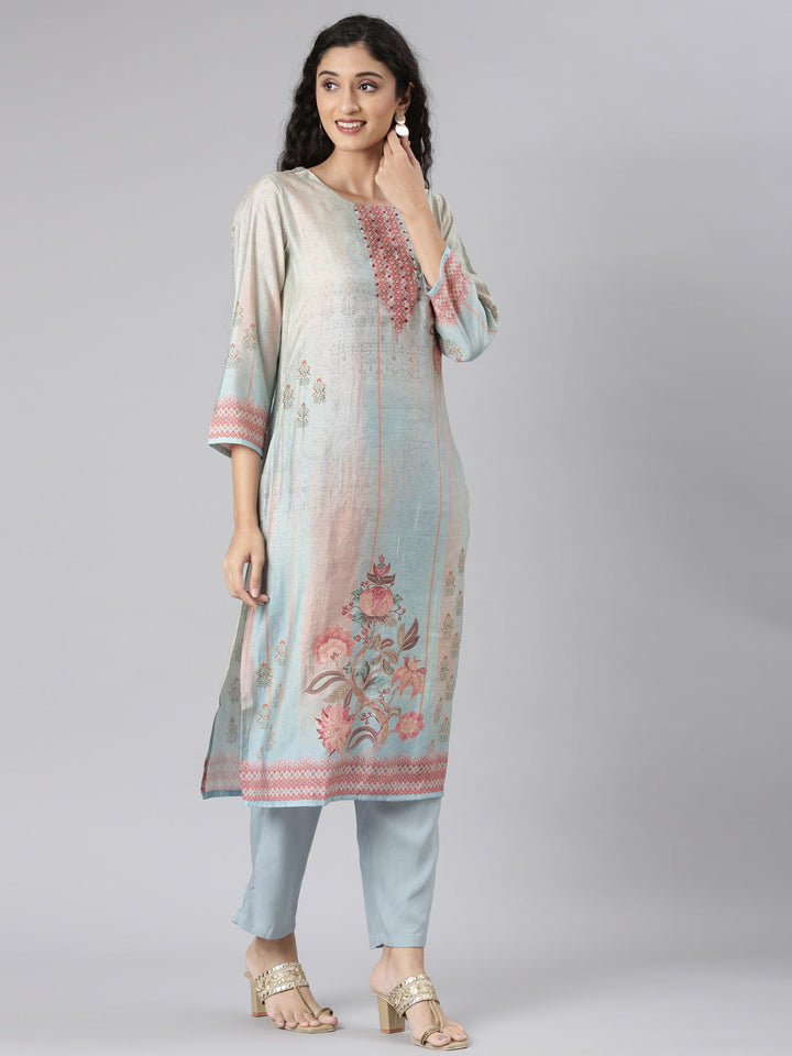 Neerus Blue Straight Casual Floral Kurta and Trouser with Dupatta
