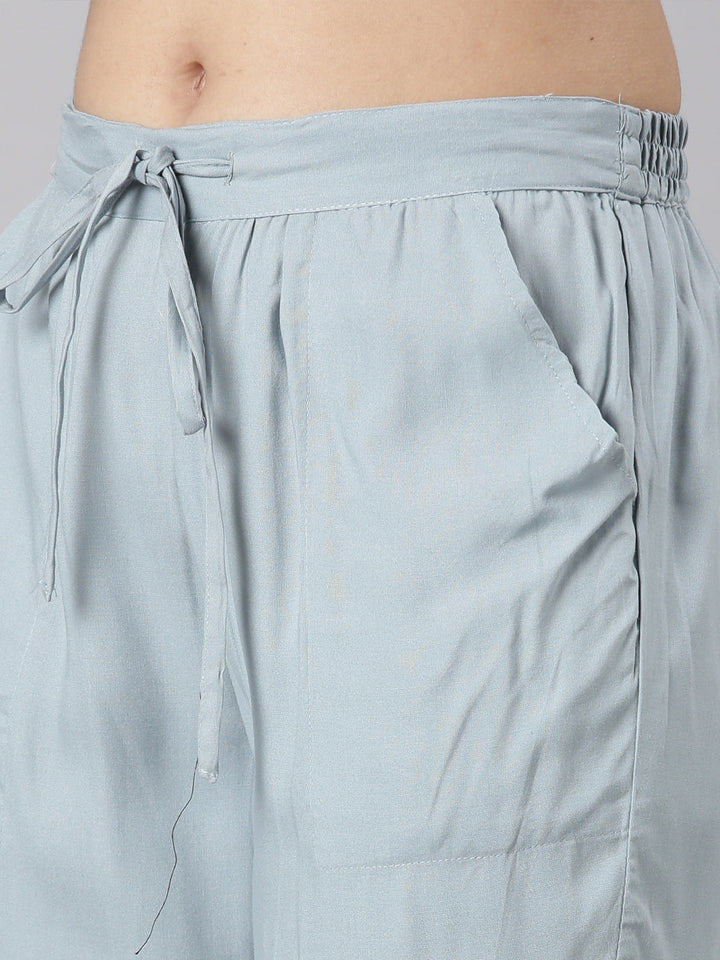 Neerus Blue Straight Casual Floral Kurta and Trouser with Dupatta