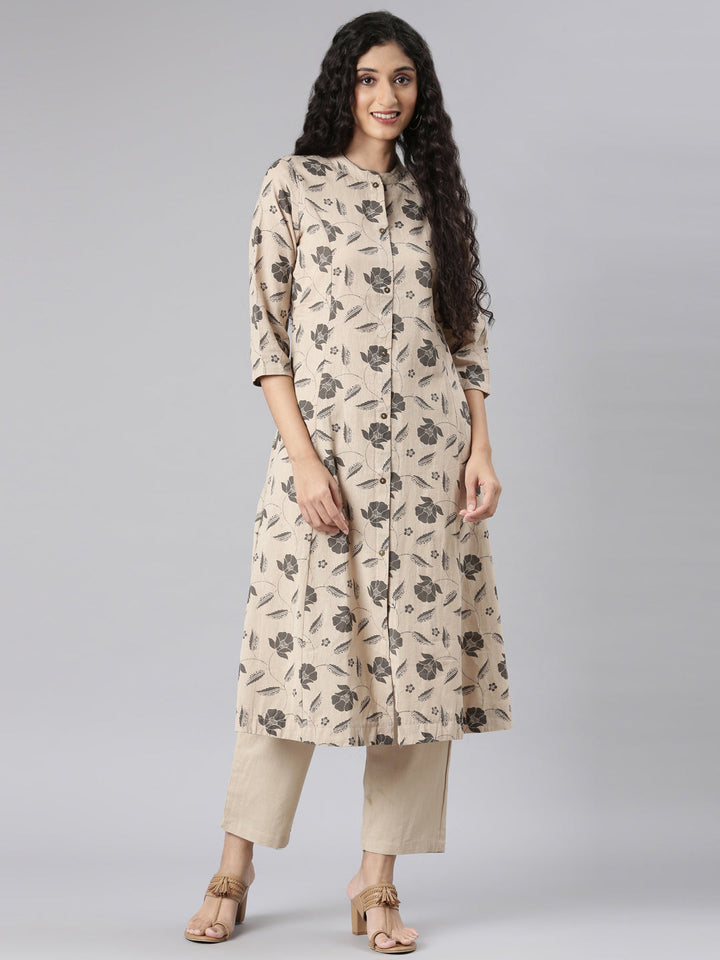 Neerus Beige printed floral kurta set with trouser - front view
