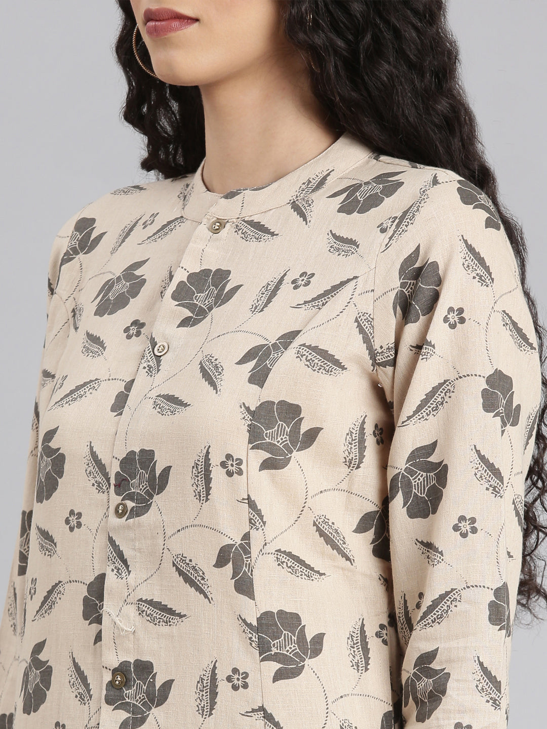 Neerus Beige printed floral kurta set with trouser - detail view 2
