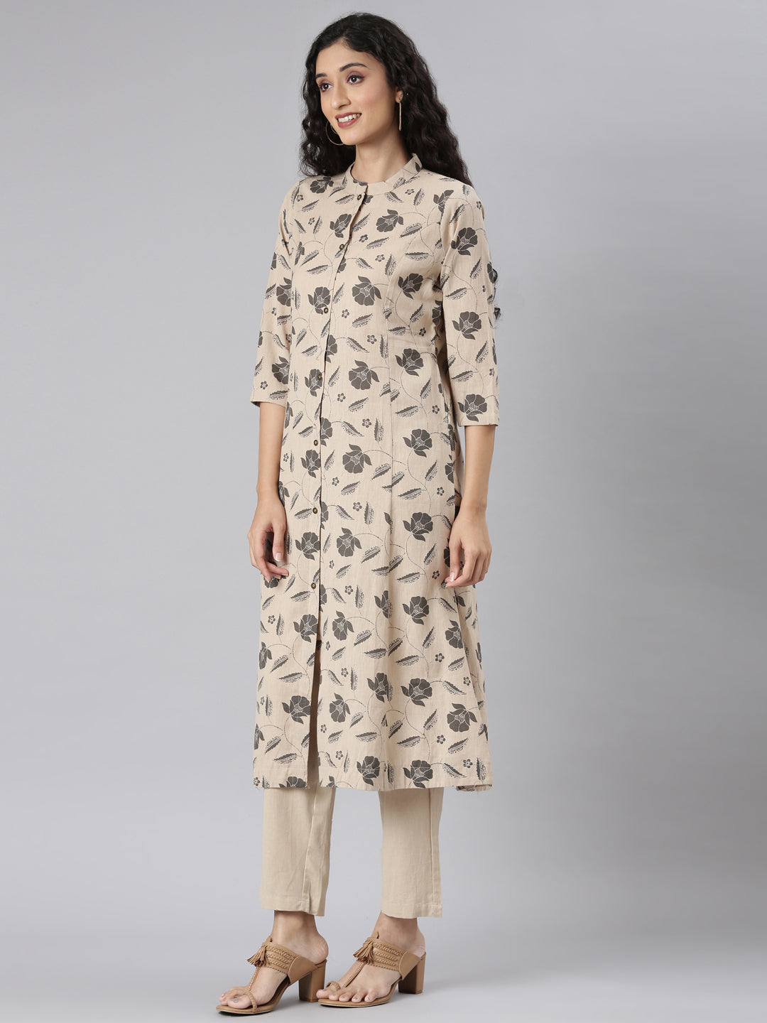 Neerus Beige printed floral kurta set with trouser - back view