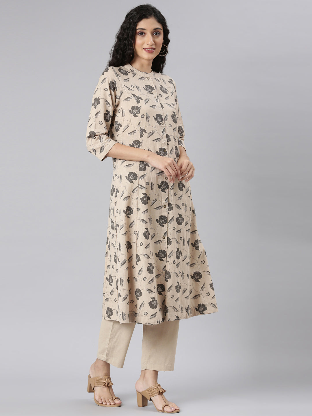 Neerus Beige printed floral kurta set with trouser - side view
