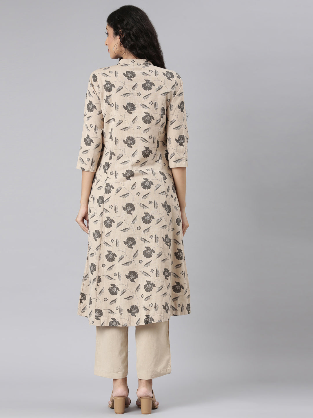 Neerus Beige printed floral kurta set with trouser - detail view 1