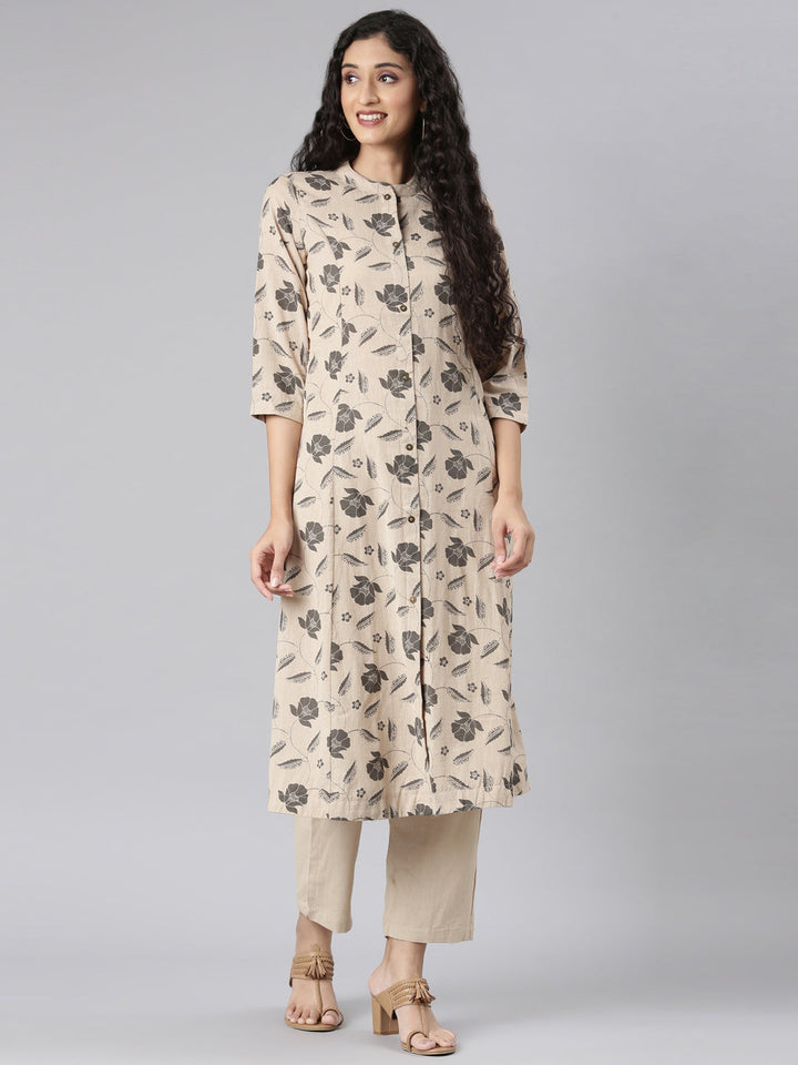 Neerus Beige printed floral kurta set with trouser - detail view 3