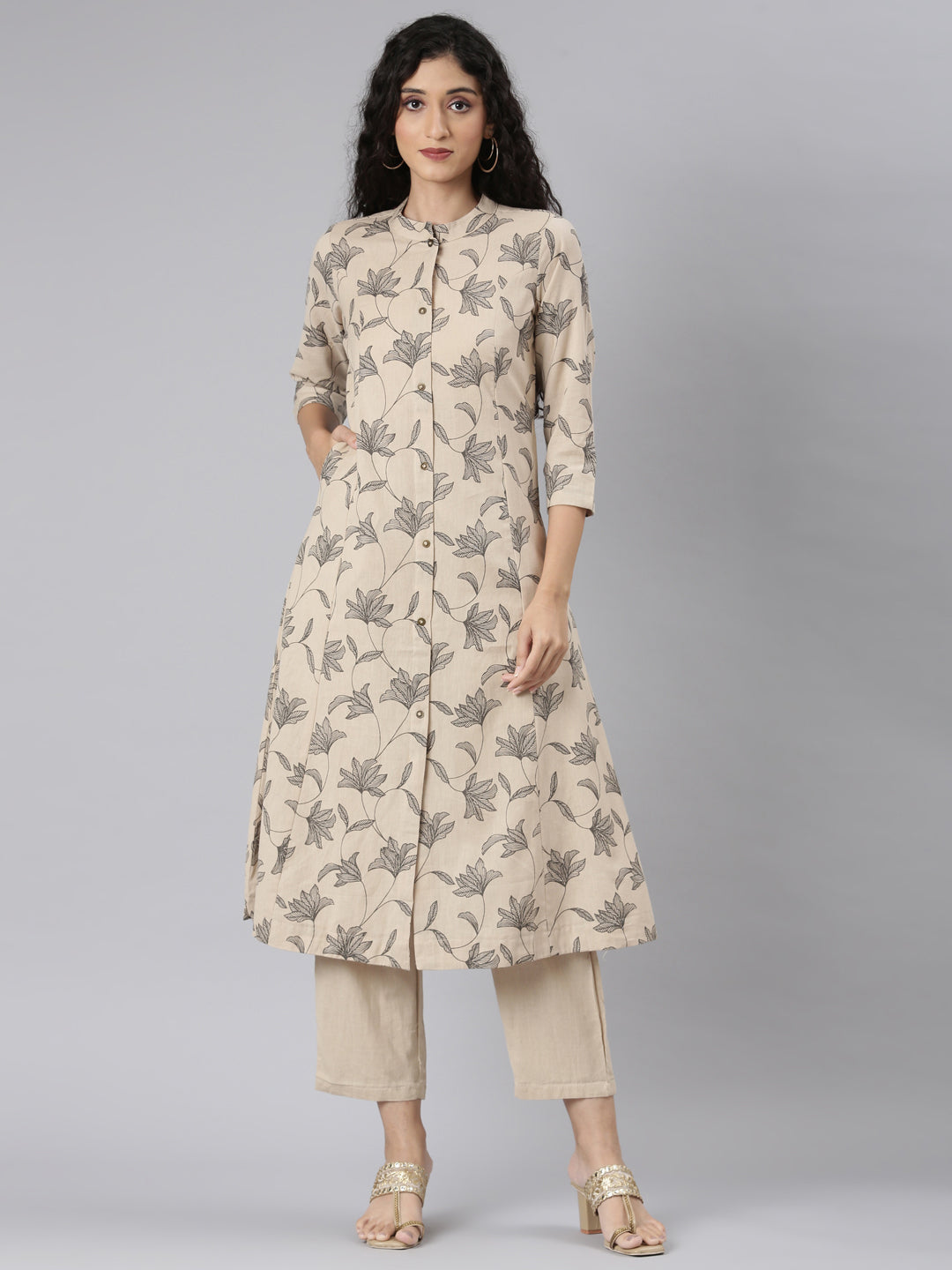 Neerus Beige floral printed straight kurta set with trouser - front view